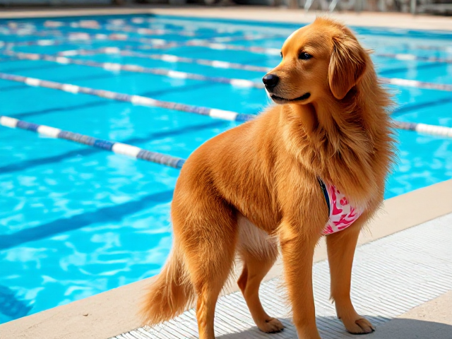 Anthropomorphic golden retriever with pronounced hips, wearing a stylish swimsuit, standing confidently by an Olympic swimming pool, ultra-detailed and vibrant colors, realistic lighting and reflections, highly detailed fur texture, lifelike water reflections, bright summer day atmosphere