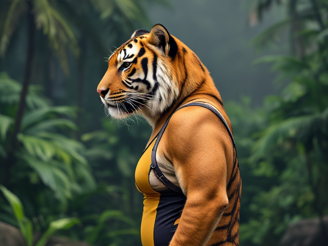 Tiger wearing a stylish swimsuit, jungle background, vibrant colors, realistic details