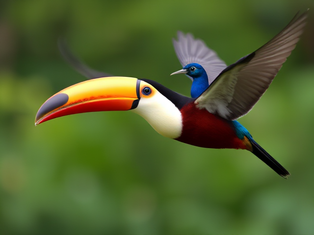A  tucan with its beak closed and peacock chirping in flight