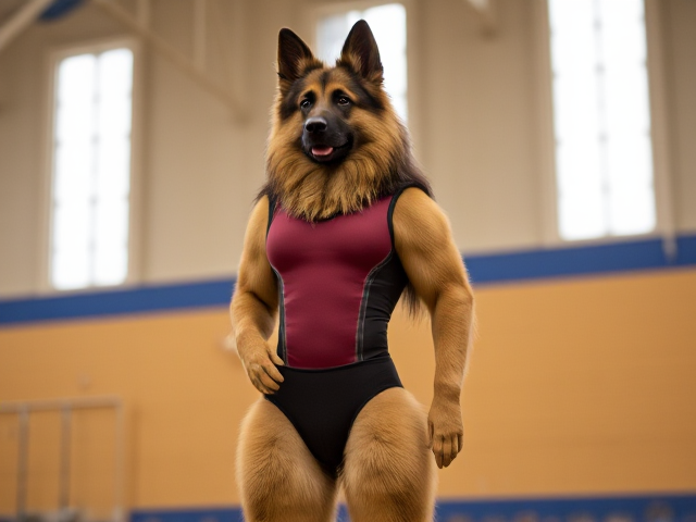 A anthropomorphic long haired German shepherd with large hips stands tall wearing a gymnastics leotard in a gymnasium