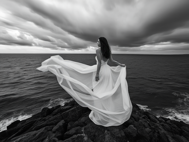 a powerful black-and-white fine art photograph of a woman standing on a rocky cliff by the sea, wearing a long, flowing, semi-transparent white fabric skirt dramatically blown by the wind, fabric swirling like ocean waves, stormy skies overhead with dramatic clouds, intense chiaroscuro lighting, cinematic mood, high contrast, emotional and ethereal atmosphere, photo-realistic, taken with a telephoto lens, depth of field focused on subject, sharp texture details in rock and fabric
