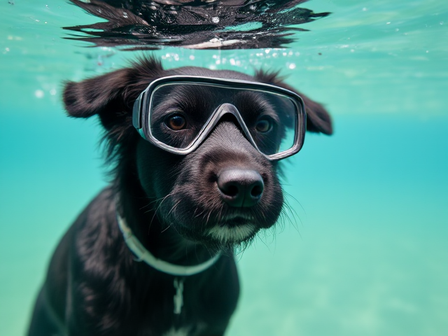 A Portuguese water dog wearing Freediving goggles