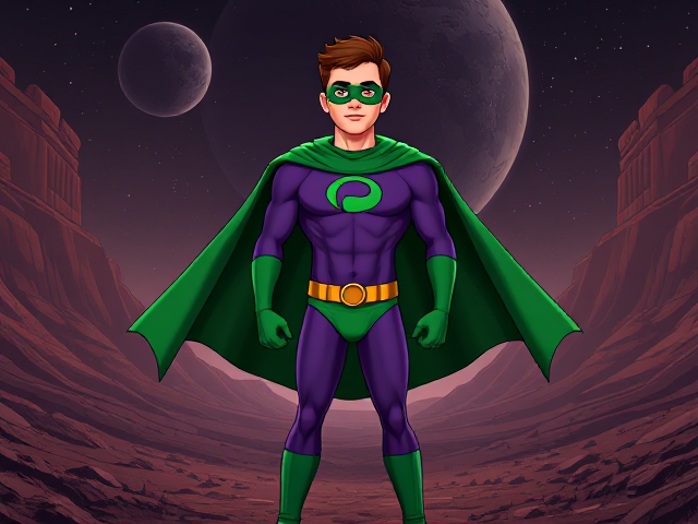 Dramatic Comic Book Cartoon scene: A young, Autistic 25-year old boy with light skin and flat, smooth, and slick brown hair named T.J. Granger, but transformed into a genetically-altered superhero named Powerman, who, despite still being a young adult kid, has an extremely muscular body. He wears a sleek purple suit with a green P symbol on his chest, a gold belt with a circular buckle, green briefs, green boots, green long-cuffed gloves, a really big, toe-length long, ultra-wide green cape wreathed around his neck, and a green eye mask that protects his true identity. He also has incredible and invincible superpowers flowing through his veins. In this scene, Powerman is currently standing in a dark valley on a mysterious alien planet in outer space that needs his help, ready to begin his investigation.