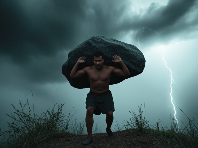 Un homme seul portant un énorme rocher sur son dos, symbolisant le poids des responsabilités, avec une expression de désespoir sur son visage. Il se trouve au sommet d'une colline sous un ciel orageux et menaçant, avec des éclairs illuminant brièvement la scène. Le style est réaliste et détaillé, mettant l'accent sur les textures de la peau et du rocher. La lumière est dramatique avec des ombres profondes, capturant un moment intense. Vue en contre-plongée pour accentuer le poids écrasant du rocher et l'émotion de désespoir
