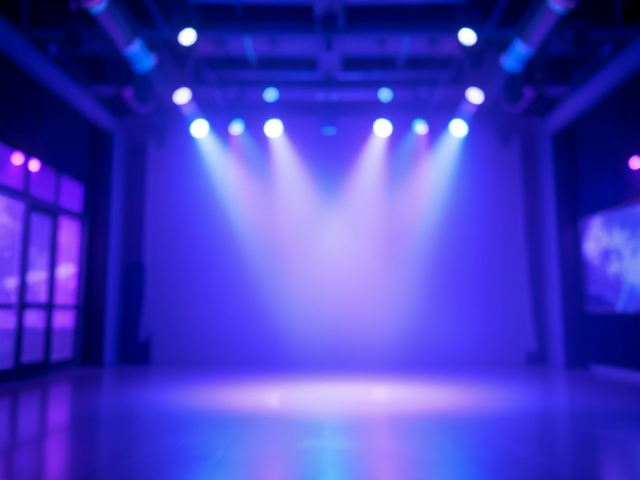 Create a vibrant and dynamic indoor background with a blend of cool blue and purple tones. The scene should have a subtle gradient transitioning from darker shades at the edges to a brighter glow at the center, emphasizing the spotlight effect . Add soft bokeh lights and faint geometric shapes for depth, giving the impression of a futuristic or motivational environment. Include faint streaks of light to enhance the energy of the background, ensuring it remains slightly blurred to keep the focus on the foreground elements.