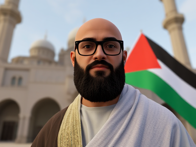 A young bald Muslim man with a bushy beard and black-framed eyeglasses dressed in thobe outside a mosque holding a Palestinian Flag. Image in the art style of the video game Until Dawn.
