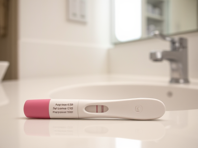 English Positive pregnancy test laying flat on a white bathroom counter, with a silver sink, and a mirror