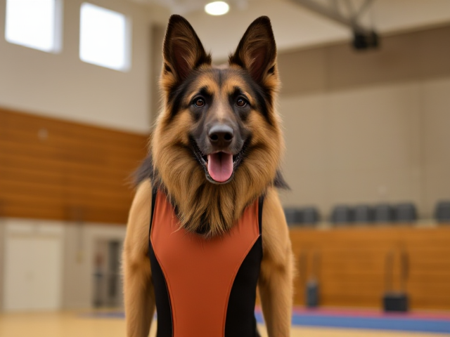 A anthropomorphic long haired German shepherd wearing a gymnastics leotard in a gymnasium