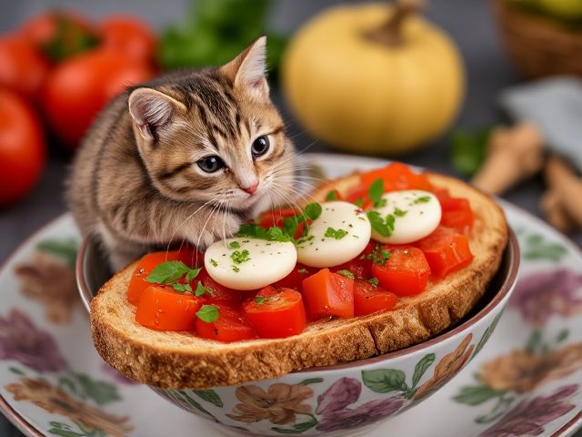 Una bruschetta pomodorro e mozzarella, dans une assiette en céramique florale et colorée. Lieu : terasse en Sicile. Des aiguilles à tricoter et une pelote de laine. Un chaton joue avec la pelote de laine.