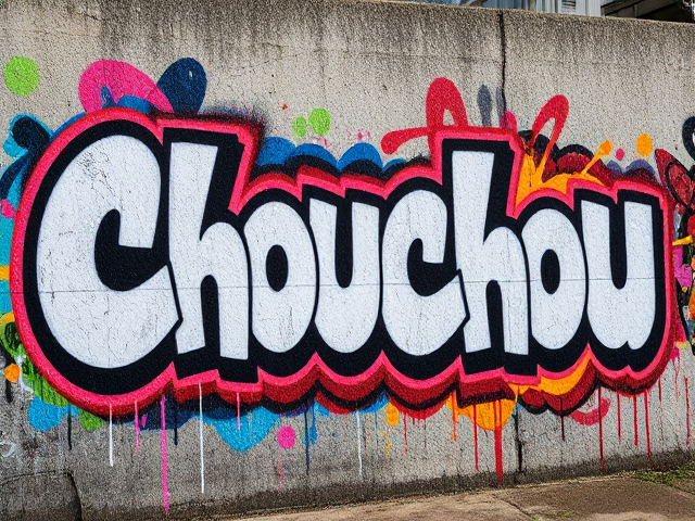 Graffiti dynamique et coloré avec le mot "Chouchou" sur un mur urbain, lumière naturelle, détails ultra-réalistes, textures riches