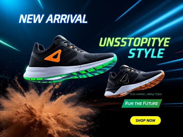 A high-energy advertisement featuring sleek and sporty sneakers designed for boys, aimed at driving millions of sales. The sneakers are modern and dynamic, with bold details such as breathable mesh, vibrant logos, and reflective accents that glow under dynamic lighting. The background showcases a futuristic theme with gradients of electric blue, neon green, and black, accented by glowing lines, light streaks, and motion blur effects to suggest speed and activity. Text elements like 'NEW ARRIVAL' and 'UNSTOPPABLE STYLE' are written in bold, futuristic fonts with neon glow effects. The sneakers are displayed in action poses, such as mid-air jumps or dashing forward, surrounded by dynamic splashes of color, dust, and abstract energy bursts. The vibe is bold, adventurous, and empowering, capturing attention instantly. The composition includes key features like comfort, durability, and style written in sleek icons or banners, alongside a catchy tagline like 'Run the Future.' Soft contact information or website links are placed subtly in the bottom corner, with vibrant CTA buttons like 'Shop Now' glowing in neon colors. Perfect for a young, action-oriented audience.