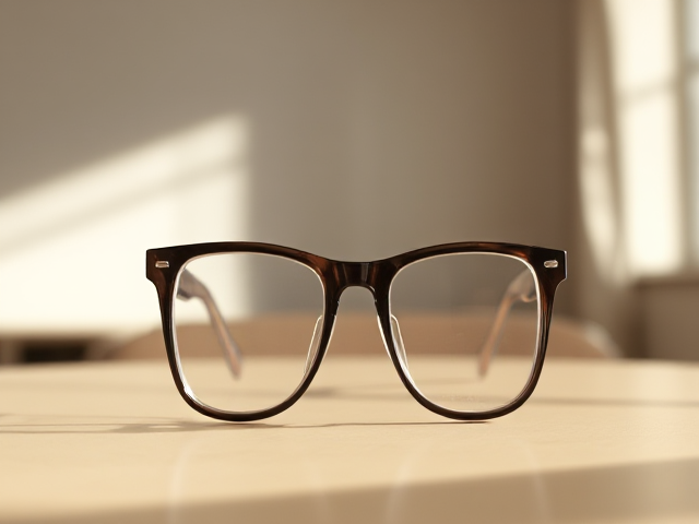 Square shaped, clear frame glasses, sitting on a table