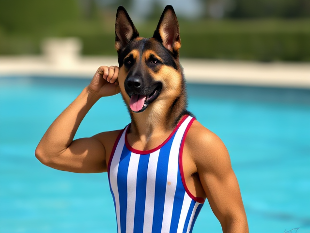 A tall and lean anthropomorphic German shepherd with long forearms wearing a water polo swimsuit