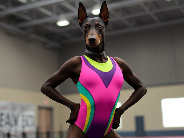 Anthropomorphic Doberman wearing a vibrant gymnastics leotard, posing dynamically in a gym setting, detailed fur texture and realistic lighting