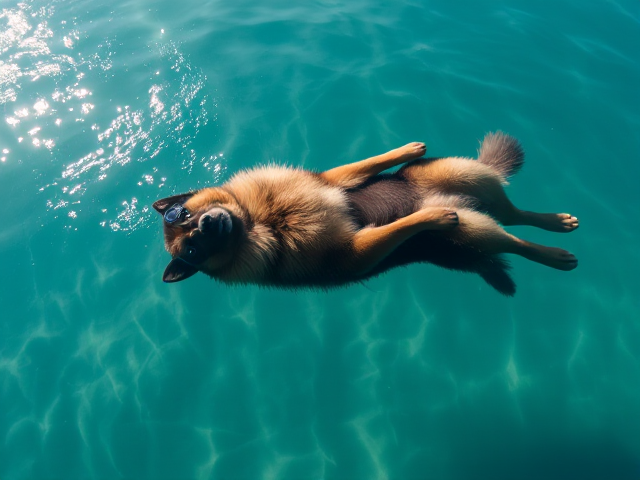 A long-haired German shepherd dog serenely floating on its back in crystal clear water, wearing sleek freediving goggles, with sunlight glistening and reflecting off the water surface