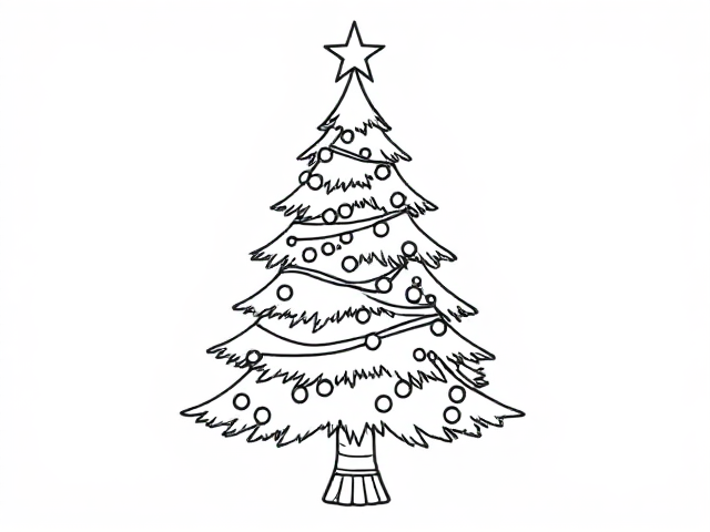 Christmas tree, coloring book, cartoon stle, thick lines, no color, white background, only lines