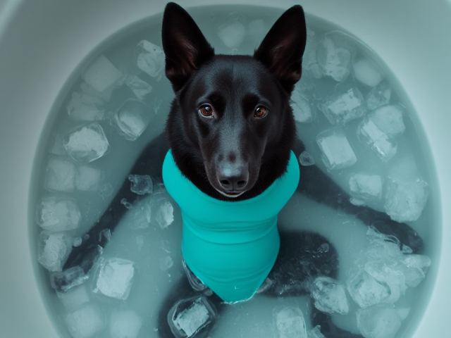 A anthropomorphic black German shepherd wearing a gymnastics leotard in a bath tub full of ice