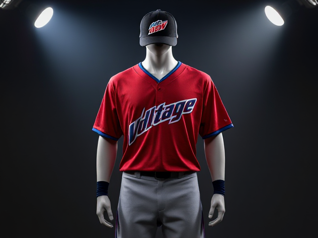 Create images of a black baseball hat with mountain dew voltage logo with a v neck athletic shirt with  Voltage written across the front in red and blue grey baseball pants with blue and black piping with black socks and blue cleats on a mannequin