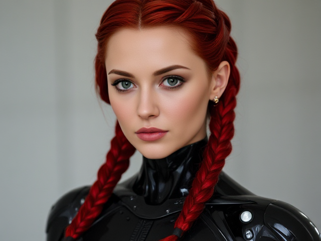 scantily clad female android with red metallic hair braided and dark green eyes