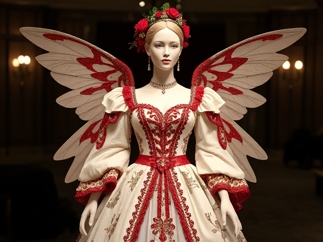 Mannequin with a white angelic royal mid 1700s style gown with red accents, and floral accents, and cheetah print accents, full body