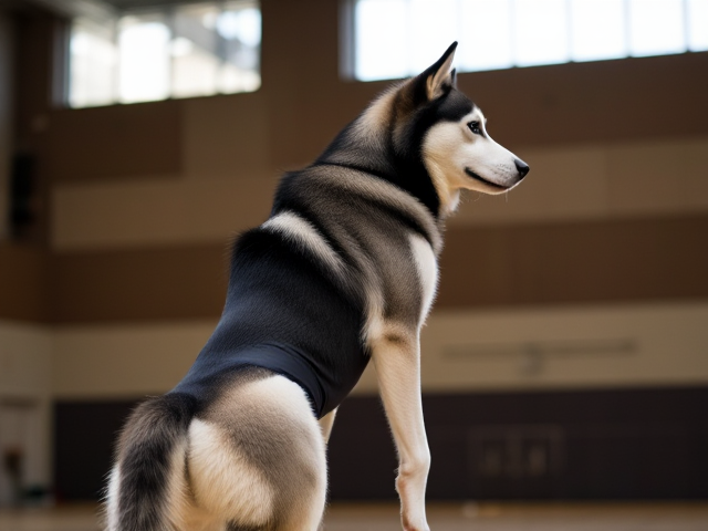 An Alaskan malamute with strong hips wearing a gymnastics leotard in a gymnasium
