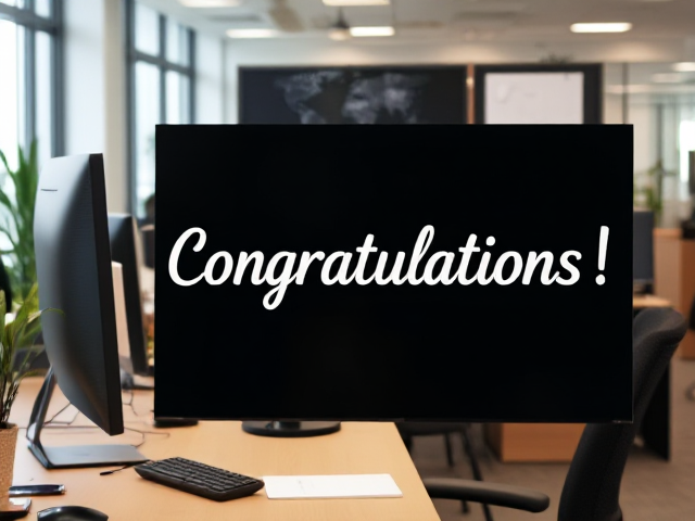 Can you create an office setting with computer and business analyst with a sign that says congratulations