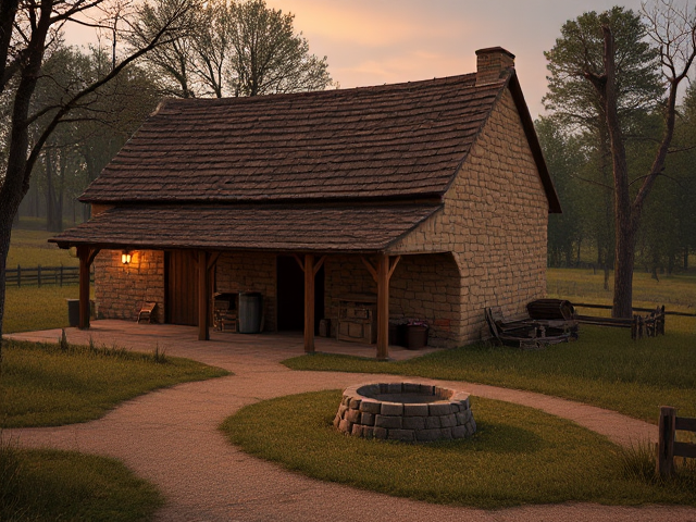 Une jolie ferme en pierre avec une grange, un puit, dans la campagne, isolée, au milieu des prairies et des forêts
