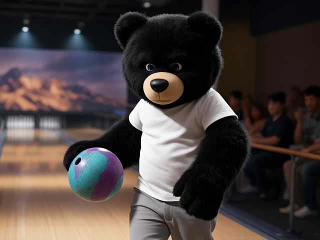 A big human teddy bear black fur blue eyes wearing a white t shirt light grey pants holding a teal and purple pro reactive bowling ball in his right hand walking towards the lane with a high back swing intense face with  fans watching him