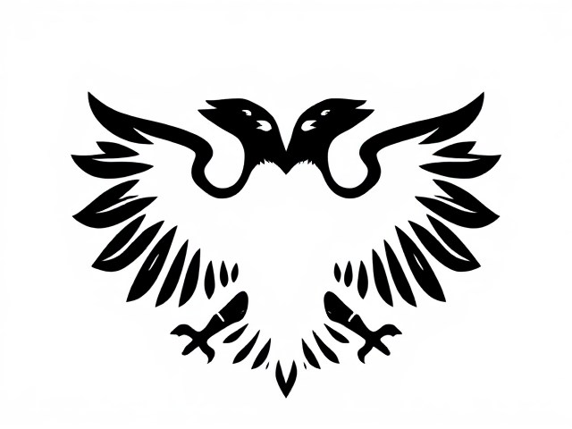 Logo, la forme d’un aigle noir à deux têtes.
Fond blanc, forme noir sans détails.
Stylise