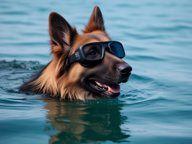 A long haired German shepherd wearing Freediving goggles rises from the ocean’s surface to take a breath