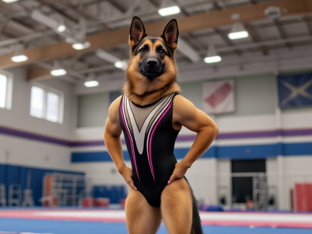 A anthropomorphic German shepherd with strong hips and strong shoulders wearing a gymnastics leotard in a gymnastics center