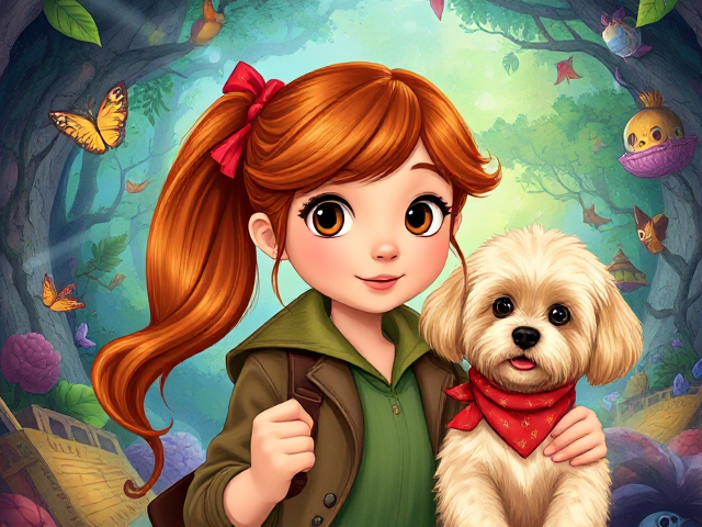 children's fiction book cover for girls aged 7-12, vibrant and colorful illustration, a mysterious fantasy world, young girl detective with long brown copper hair in ponytail with red ribbon and hazel eyes, hidden clues, whimsical elements, sense of adventure and intrigue. Near here is a small shaggy cream cavapoo wearing a jaunty red bandana around its neck. Realistic illustrative style.   Lots of background fantasy images
