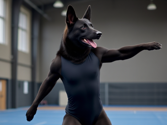 Anthropomorphic black German shepherd with broad shoulders, wearing a gymnastics leotard, inside a gymnasium, dynamic pose