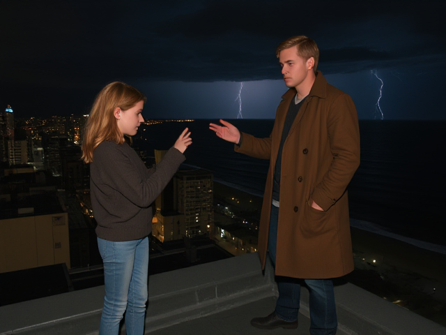 A petite 13-year-old girl with strawberry blonde hair, wearing a pullover and jeans, is standing on the roof ledge of a night club. Next to her on the roof, standing nearby is a modern-day, pale skinned vampire in his late twenties, with blonde hair, dressed in a brown trench coat and jeans. He appears uneasy as he looks at her. The girl gestures angrily at him, flailing her arms. A thunderstorm approaches the cityscape from the sea shore. Set at night.