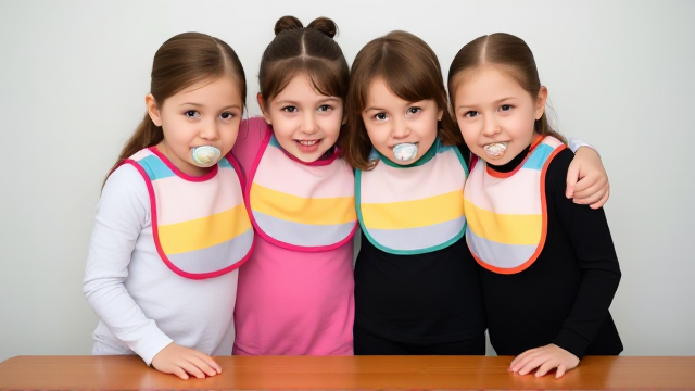 Quatre filles adolescentes debout à table elles ont les cheveux de différentes couleurs lisses et dégage à l’avant  elles ont des grands bavoir multicolore et des tétine en bouche elles ont des tee-shirt manche longue et se font un gros câlins