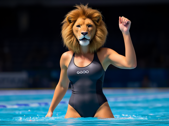 A anthropomorphic female lion Olympic swimmer wearing a one piece swimsuit