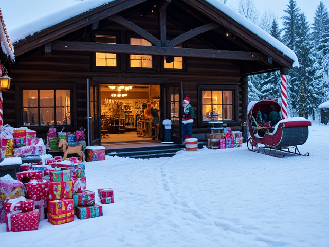 This is an outdoor courtyard scene, showing the busy preparations just outside the workshop.

Workshop Exterior:
The workshop is a charming, log-cabin-style building covered in snow, with strings of glowing lights and candy-cane pillars flanking the wide-open entrance. Through the open doorway, the interior is just visible, with stacks of toys and bustling elves hard at work. The frosted windows glow softly, creating a magical ambiance.

Courtyard Details:
In the snow-covered courtyard, piles of brightly wrapped gifts are scattered around. A few toy-making stations, like rocking horses and miniature trains, are positioned near the workshop. A sleigh is parked in the background, half-loaded with gifts, while a trail of reindeer hoofprints leads off into a snowy forest.

Space for Characters:
A wide space is reserved in the foreground near the workshop’s entrance for Santa and the family to be placed later.