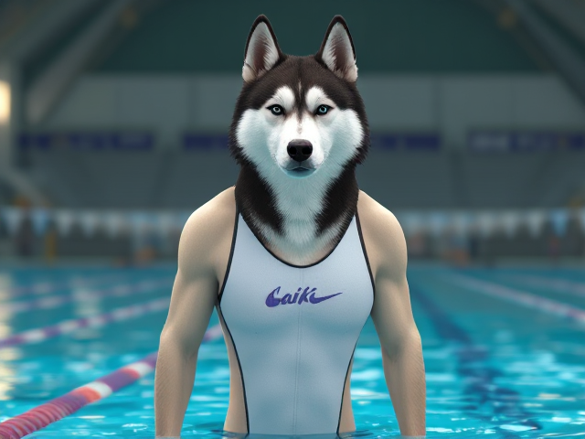 A tall anthropomorphic Siberian husky with a long torso and broad shoulders, wearing a high cut Nike one piece swimsuit, in a Olympic swimming pool