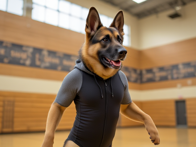 A anthropomorphic German shepherd wearing a hoodie leotard in a gymnasium