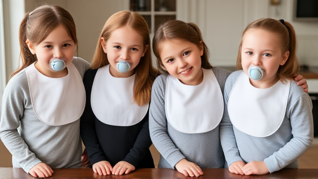 Quatre filles adolescentes debout à table elles ont les cheveux de différentes couleurs lisses et dégage à l’avant  elles ont des grands bavoir simple et des tétine en bouche elles ont des tee-shirt manche longue et se font un gros câlins