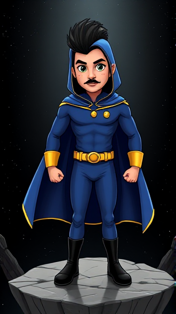 Dramatic Cartoon scene: A preteen 12-year old boy with light skin and freckles on his cheeks named Kyle Lipton, but transformed into a mysterious cosmic superhero named Dr. Dimensionpants, who, despite still being a kid, has an extremely muscular body. He wears a tight blue hood outlined by a yellow line that covers the back half of his head and leaves his ears exposed, with a smooth, slicked back black mohawk on top. He also wears a sleek blue bodysuit outlined with yellow lines on the cuffs of the sleeves and pants, a golden belt with a circular buckle, black boots, and a really big, heel-length long, ultra-wide blue cape with a really big collar outlined with yellow lines wreathed around his neck held up by a golden button. The pupils in his eyes are green, and he has a long black twin moustache, which help protect his true identity in this form. He also has incredible, invincible, and cosmic superpowers flowing through his veins. He is currently standing on a floating rock platform drifting through the pitch-black void of a mysterious dimension he finds himself trapped in, searching for a way to escape.