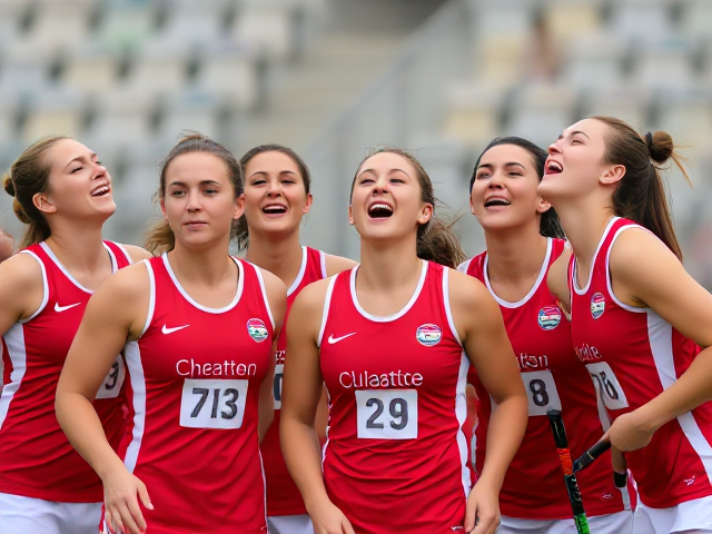 Olympic women’s field hockey team throwing their heads back in hysterical laughter
