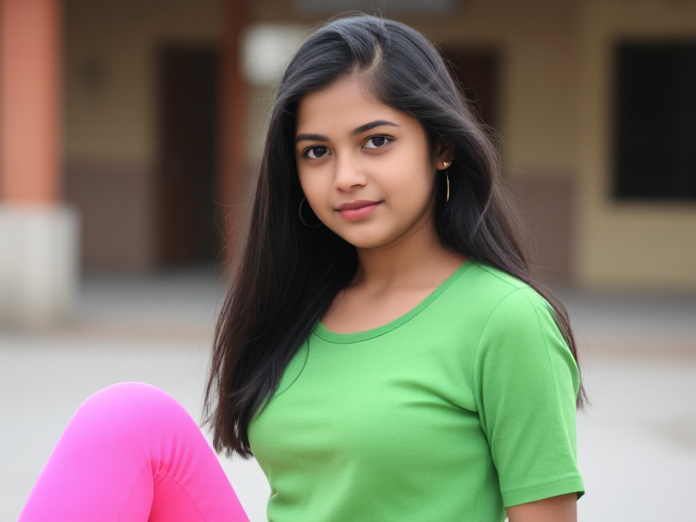 20 year old indian girl. Green shirt and pink tight pants.