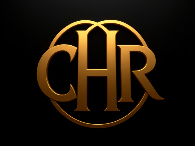 Logo doré massif, lettres CHR entrelacées dans un symbole élégant sur fond noir. Design raffiné, lisible et sophistiqué, alliant prestige et modernité.