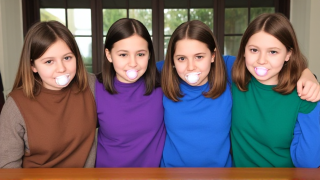 Quatre filles adolescentes aux cheveux lisses et dégagé et de différentes couleurs a l'avant assis à table avec des  grands Bavoirs simple de couleurs marron violet bleu et vert et des tétines en bouches elles sont avec des pull de différentes couleurs que les Bavoirs et ont des et elles se font un gros câlin et il y a une grande fenêtre derrière la table