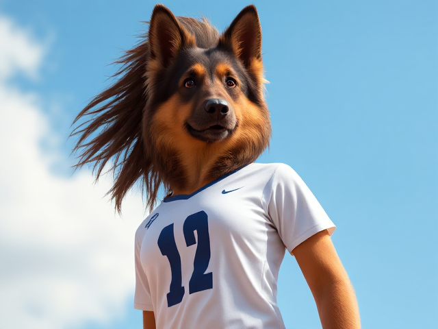 A tall anthropomorphic long haired German shepherd volleyball player in her volleyball uniform