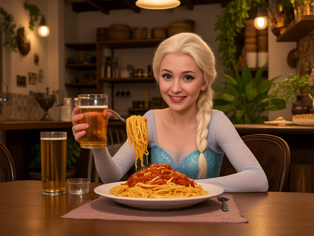 Elsa la reine des neige mange des spaghetti avec de la sauce bolognaise et une bière à la main dans une cuisine italienne chaleureuse et rustique avec des carreaux de céramique colorés, éclairée par une lumière douce et tamisée, avec un grand sourire, assise à une table en bois entourée de plantes vertes luxuriantes et d'ustensiles de cuisine traditionnels, une ambiance conviviale remplie de rires et de discussions animées