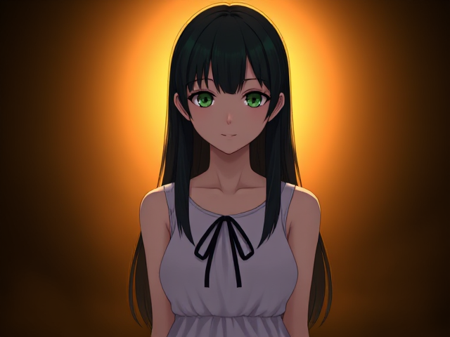 Create a digital illustration of a character inspired by Saya from Saya no Uta, with a similar appearance to the reference image. She should have long, sleek, dark greenish-black hair with slight spikes at the sides, giving her a unique silhouette. Her eyes are large, expressive, and a vibrant emerald green, adding an innocent but subtly unsettling aura. She wears a simple, sleeveless white dress that falls just above her knees, with a delicate black ribbon tied at the neckline. The background is minimalistic and dark to highlight her figure, with subtle shadows or faint mist to evoke a mysterious and dreamlike atmosphere. The character should have a gentle smile, creating a sense of innocence mixed with an eerie undertone.Create a mysterious and dreamlike female character inspired by Saya from Saya no Uta. She is slender, with pale, almost ethereal skin, and large, expressive emerald green eyes that convey an intriguing yet slightly unsettling innocence. Her long, straight hair is either deep black or a silvery hue, framing her face softly but captivatingly. She wears a light, flowing white dress that appears to drift around her, with a delicate, petal-like design. The background is dark and misty, as if she’s in a dreamscape or a shadowed forest, with a soft light behind her creating an almost supernatural aura. The atmosphere should be both beautiful and eerie, with tones of green, blue, and black to give a sense of otherworldly strangeness.