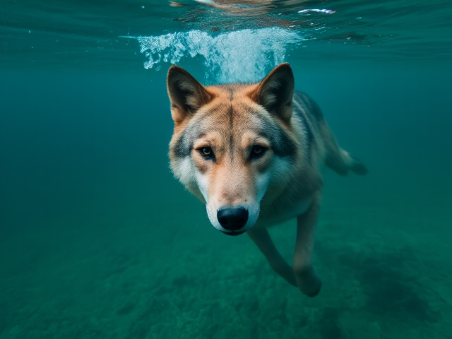 A wolf swimming underwater