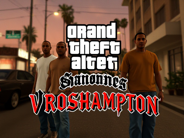 Design a poster inspired by the iconic GTA San Andreas loading screen style, replacing the title with 'VROSHAMPTON' in the exact GTA San Andreas font. The poster should reflect the same bold, comic-style visuals and include five characters similar to those seen in GTA San Andreas. Keep the characters subtle and slightly blurred in the background, while the focus remains on the text 'VROSHAMPTON.' Add soft film grain and cinematic lighting for realism, resembling the quality of a Panavision Panaflex camera from 80s movies. The backdrop should evoke a Los Santos (Los Angeles) urban street vibe, ensuring the design captures the essence of a GTA San Andreas poster.